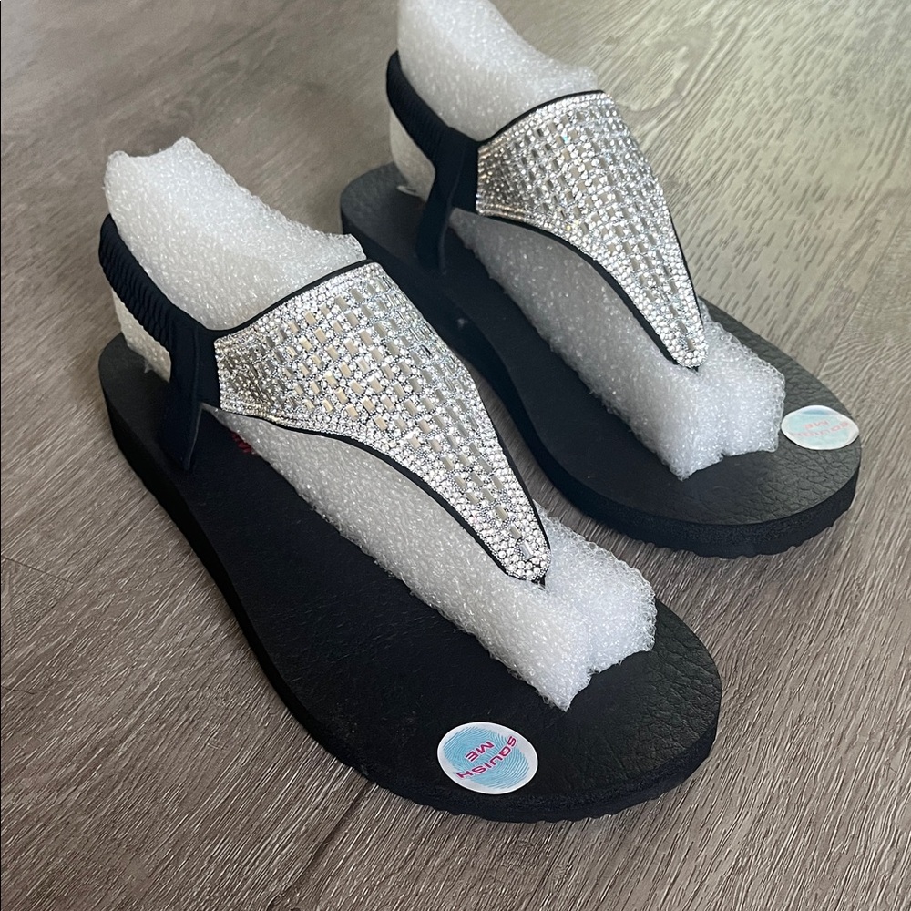 Skechers Black Sandals with Silver Rhinestones